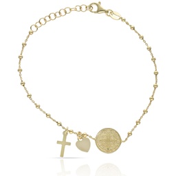 PULSERA PLATA CHAPADA EN ORO MILAGROSA + CRUZ SAN BENITO