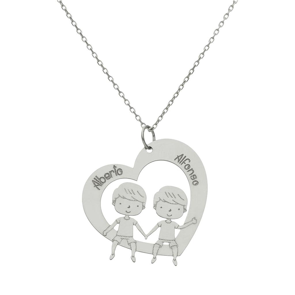 GARGANTILLA ORO BLANCO 18KL CORAZON + NIÑOS