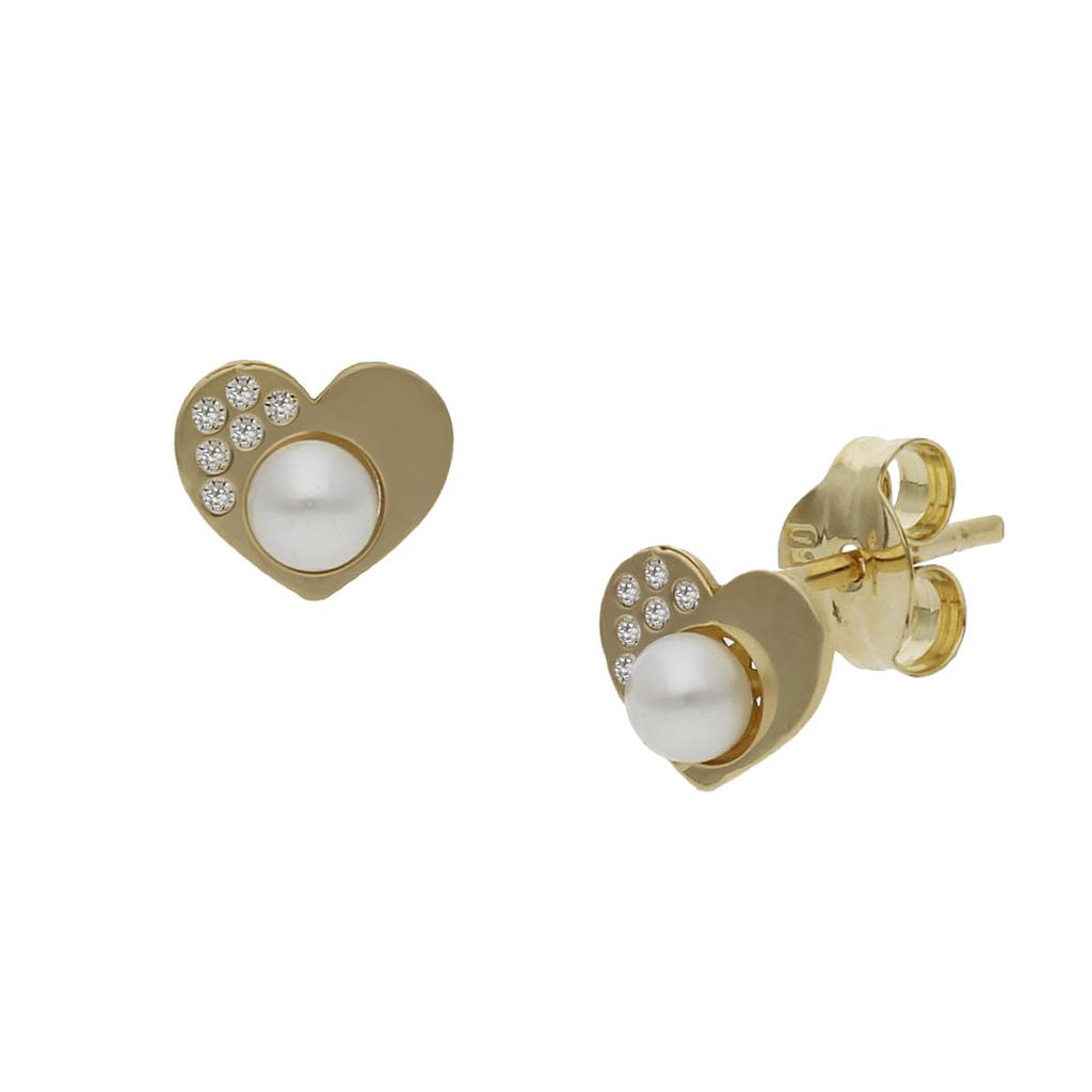 PENDIENTES ORO 18KL CORAZON PERLAS + CIRCONITAS - 6x5MM