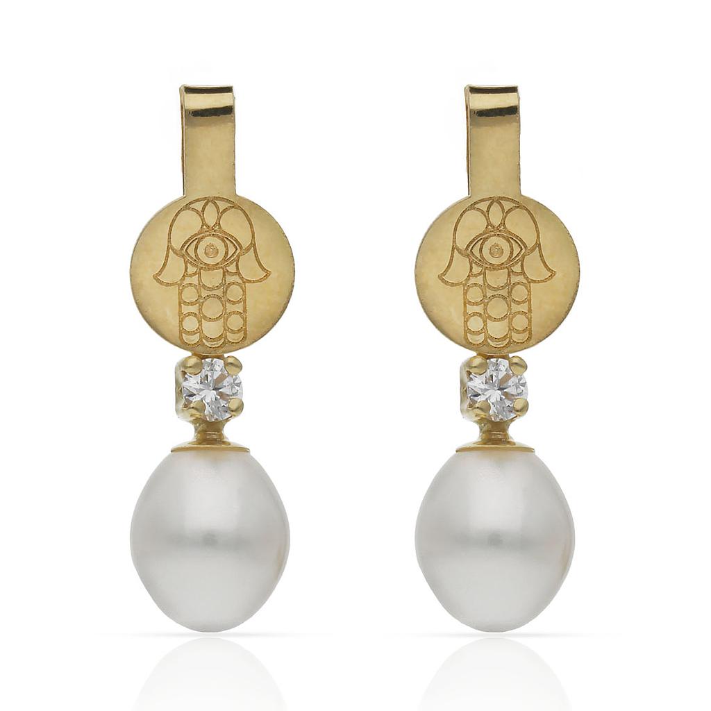 PENDIENTES ORO 18KL MANO DE FATIMA + PERLAS