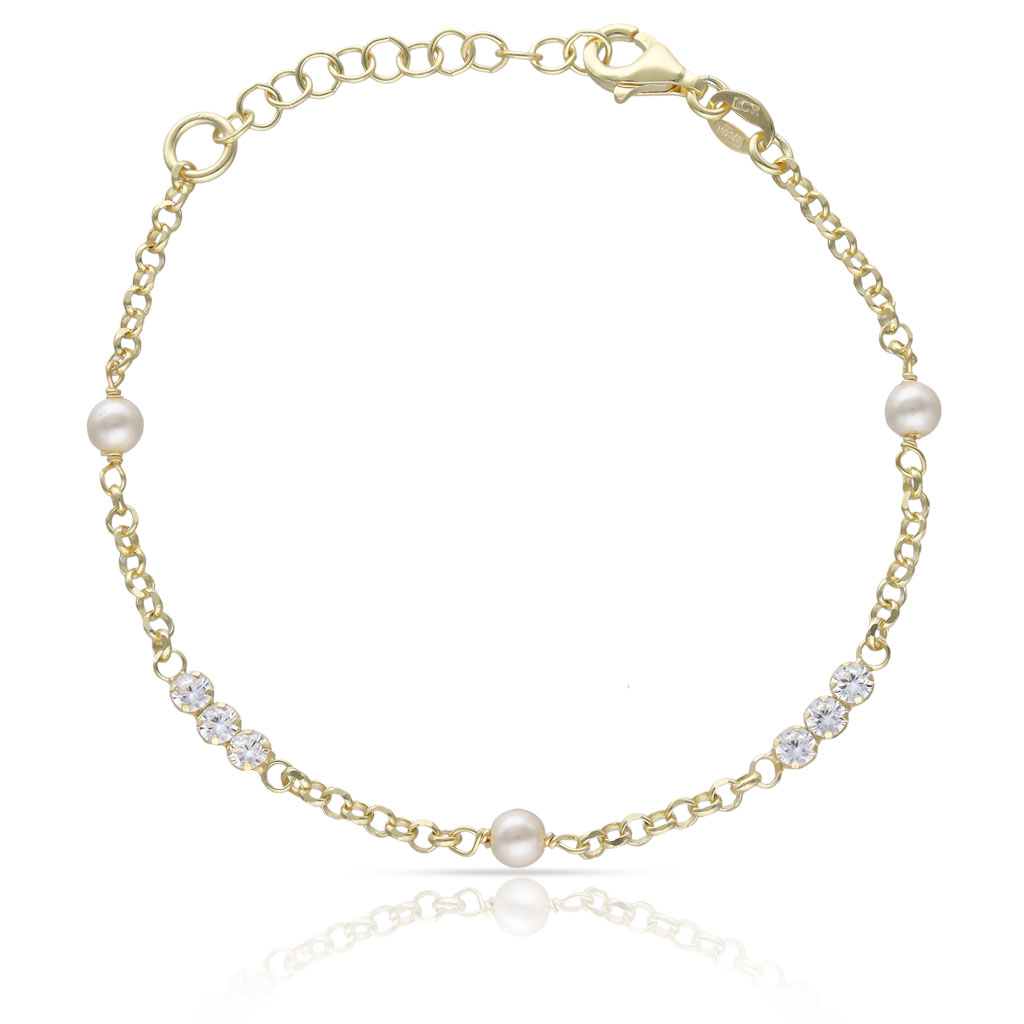 PULSERA PLATA CHAPADA EN ORO PERLAS + CIRCONITAS