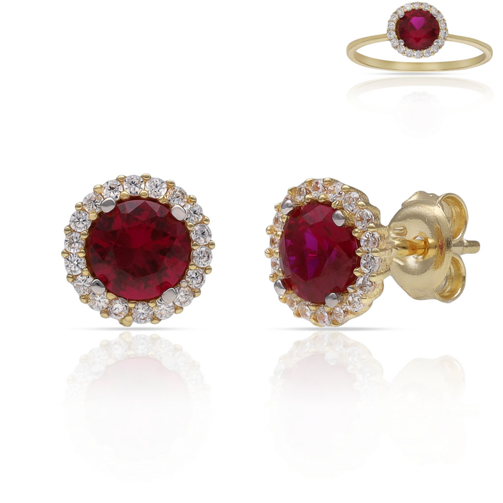 PENDIENTES ORO 18KL CERCO CIRCONITAS + PIEDRA ROJA - 7MM