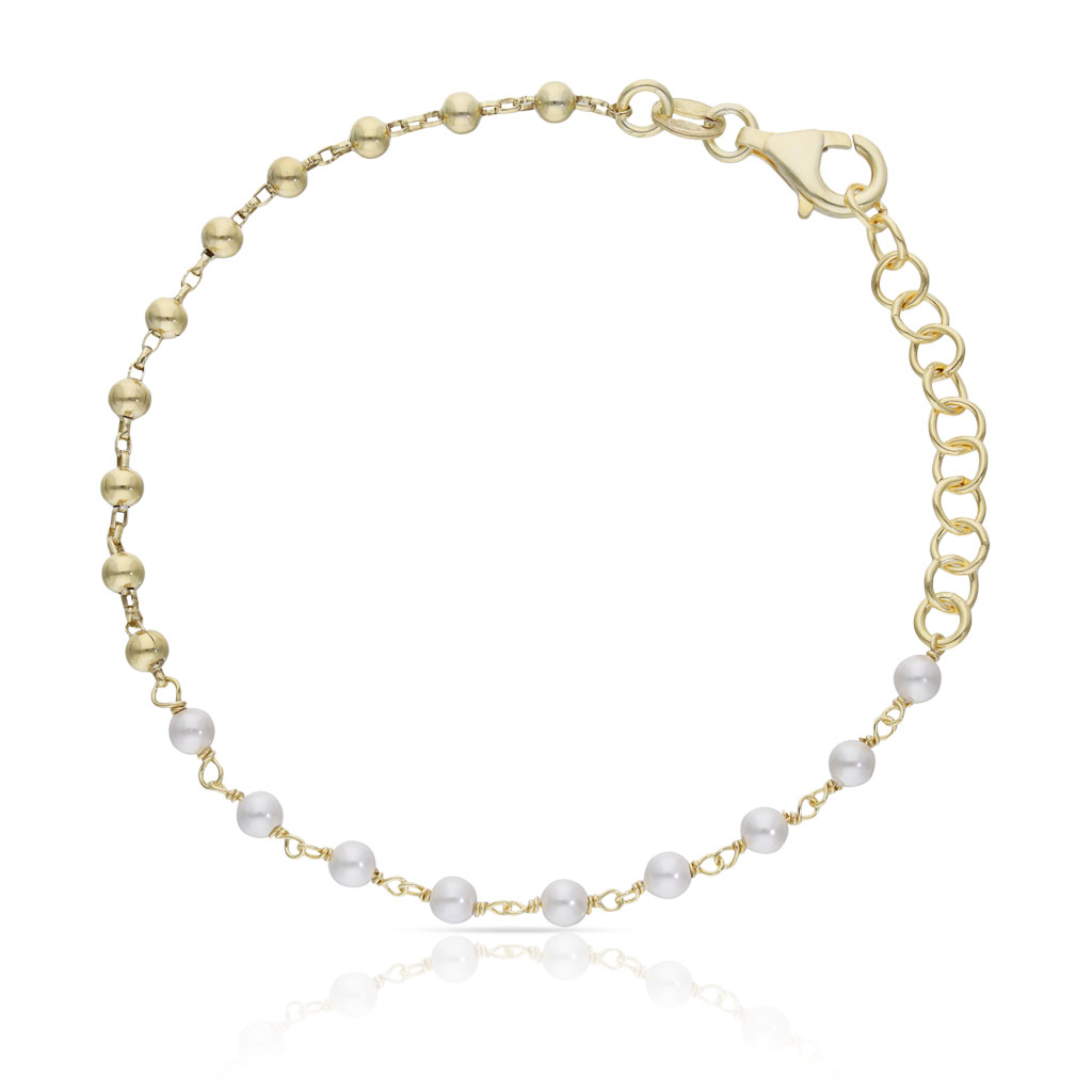 PULSERA PLATA CHAPADA EN ORO BOLAS + PERLAS