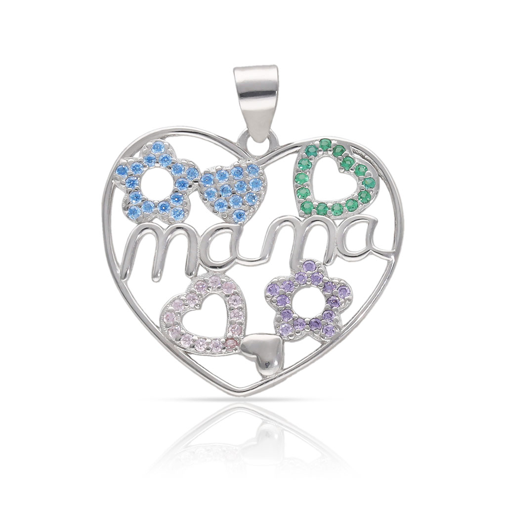 COLGANTE PLATA 925MM MAMA CORAZON PIEDRAS COLORES - 23x21MM