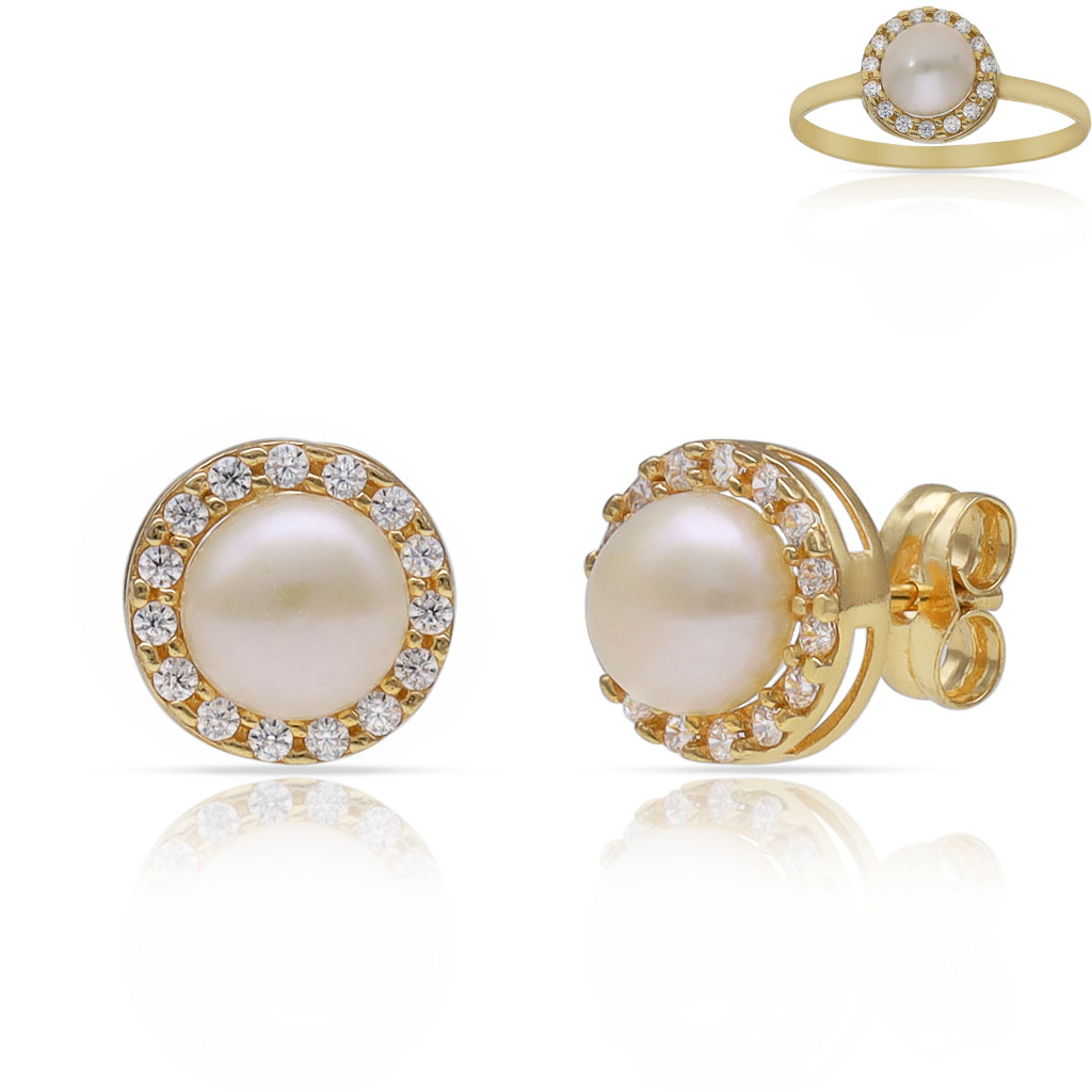 PENDIENTES ORO 18KL PERLAS + CIRCONITAS - 8MM