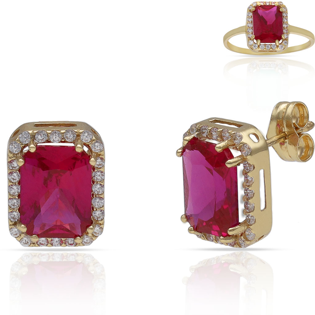PENDIENTES ORO 18KL PIEDRAS ROJAS + CIRCONITAS - 8x10MM