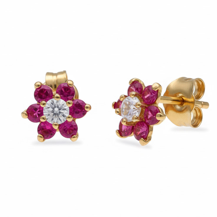 PENDIENTES ORO 18KL ROSETON PIEDRAS ROJAS
