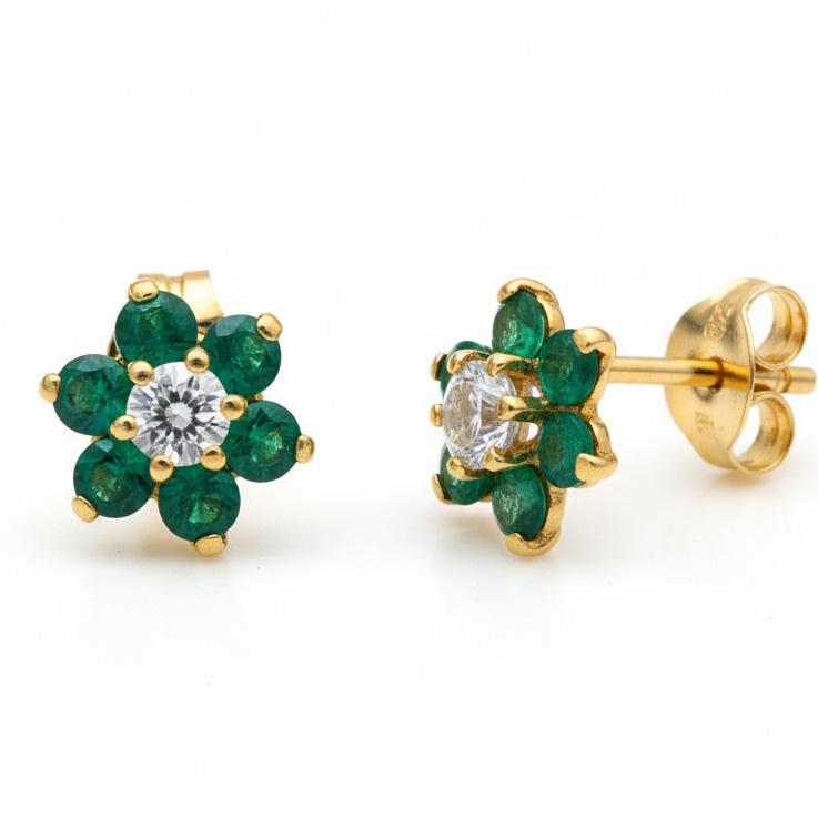 PENDIENTES ORO 18KL ROSETON PIEDRAS VERDES