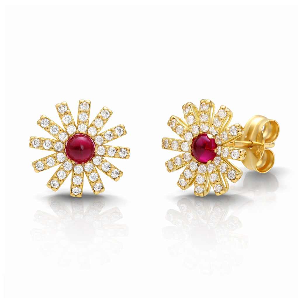 PENDIENTES ORO 18KL FLOR + CIRCONITAS + PIEDRAS ROJAS