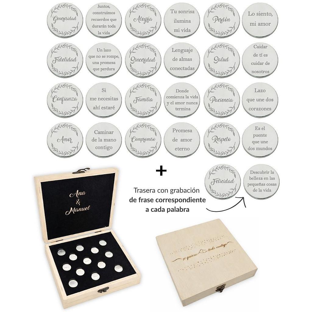 ARRAS PERSONALIZADAS PALABRA + FRASE · PLATA DE LEY + ESTUCHE MADERA