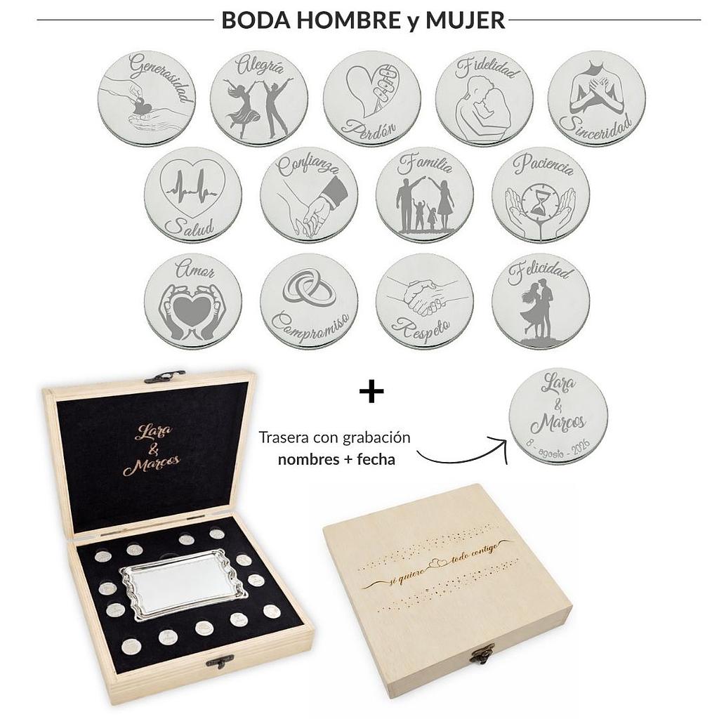 ARRAS PERSONALIZADAS BODA HOMBRE + MUJER · PLATA DE LEY + ESTUCHE MADERA + BANDEJA