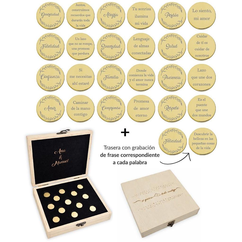 ARRAS PERSONALIZADAS PALABRA + FRASE ACERO DORADO + ESTUCHE MADERA