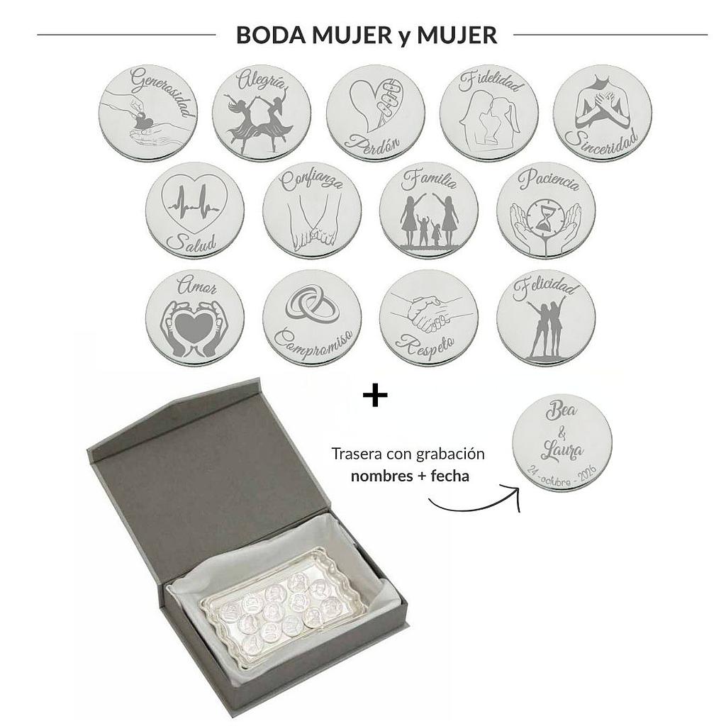 ARRAS PERSONALIZADAS BODA MUJER + MUJER · ACERO PLATEADO + BANDEJA + ESTUCHE