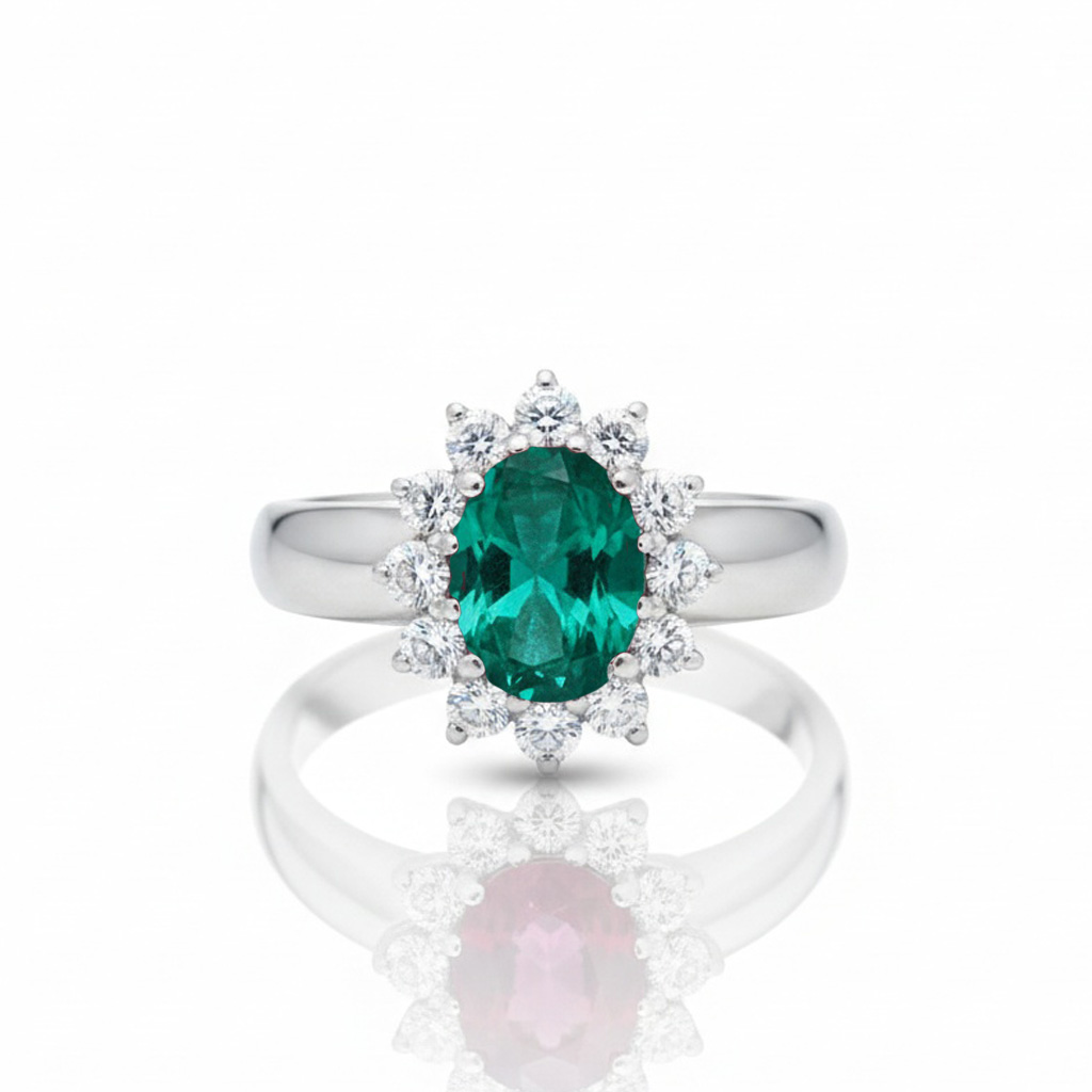 SORTIJA ORO BLANCO 18KL DIAMANTES + ESMERALDA FINA