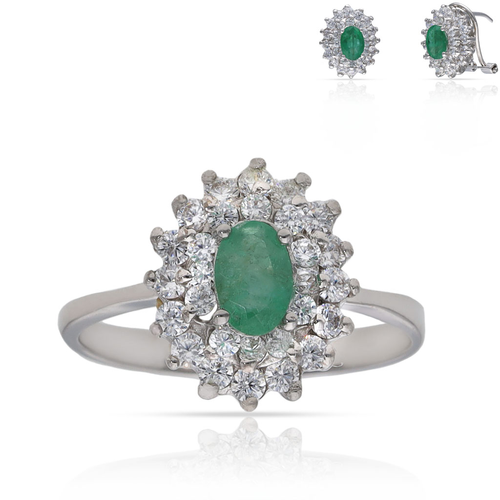 SORTIJA ORO BLANCO 18KL ESMERALDA + CIRCONITAS