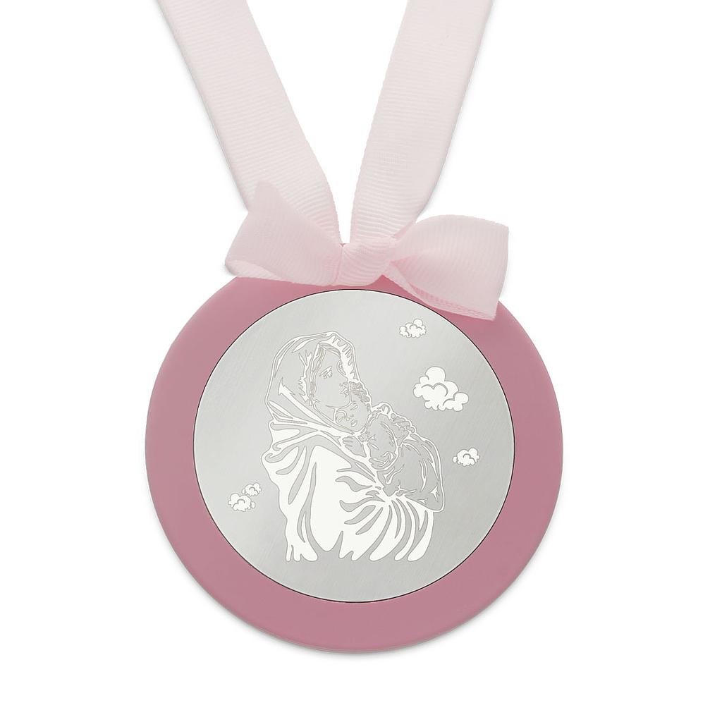 MEDALLA CUNA PLATA 925MM REDONDA VIRGEN Y NIÑO