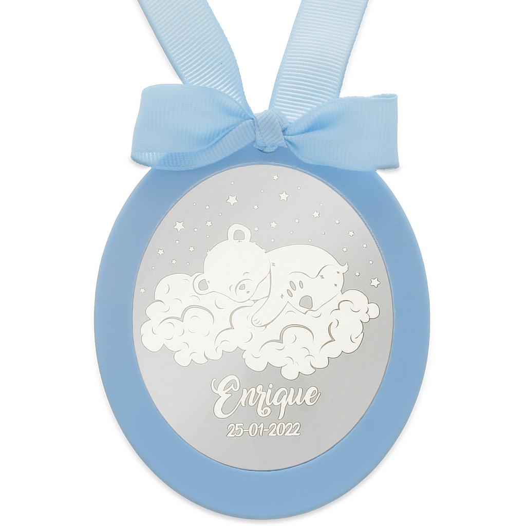 MEDALLA CUNA PLATA 925MM OVALADA OSO NUBES