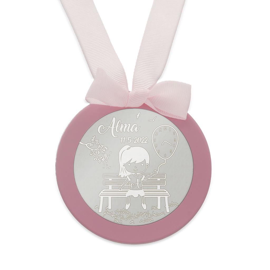 MEDALLA CUNA PLATA 925MM REDONDA NIÑA + GLOBO