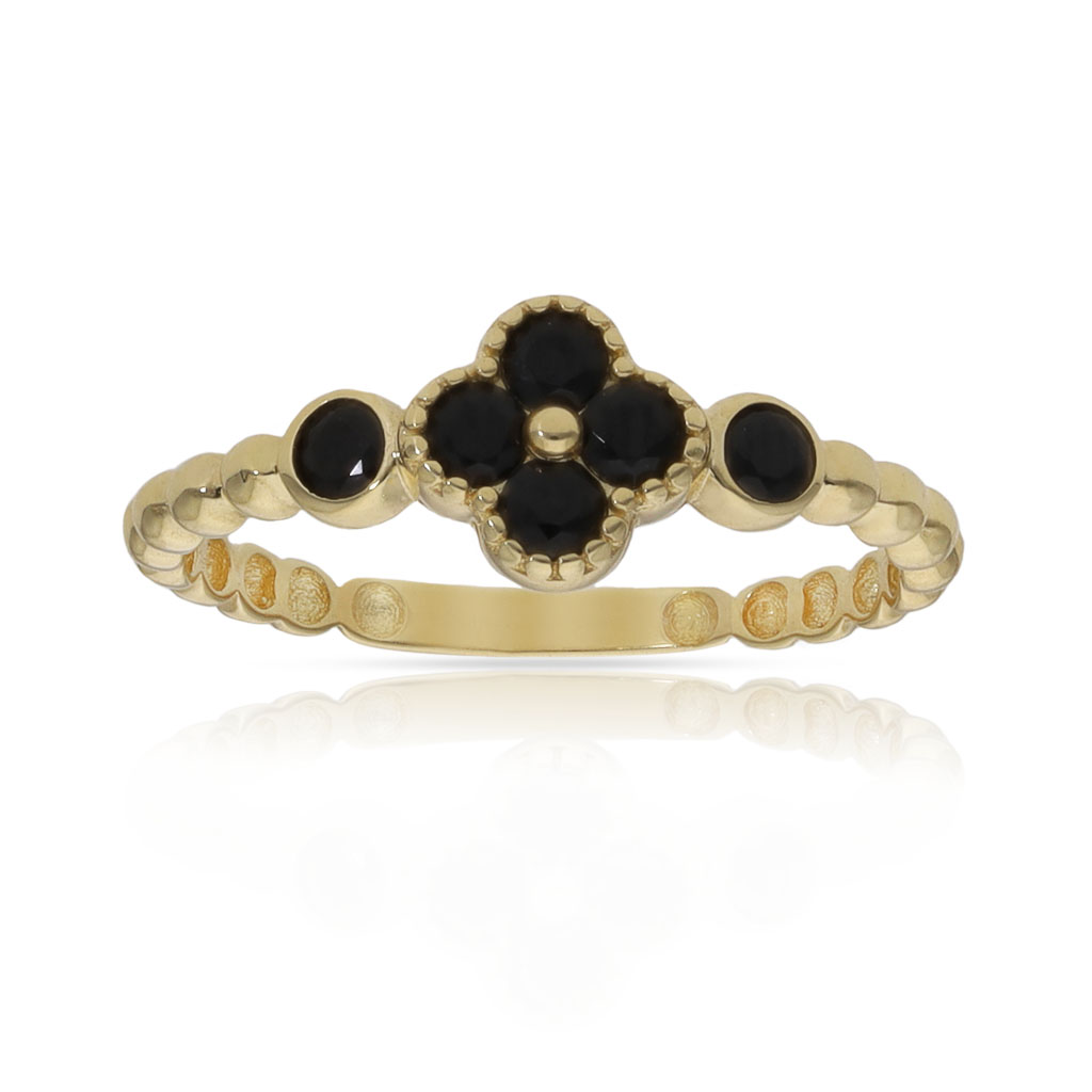 SORTIJA ORO 18KL FLOR CIRCONITAS NEGRAS