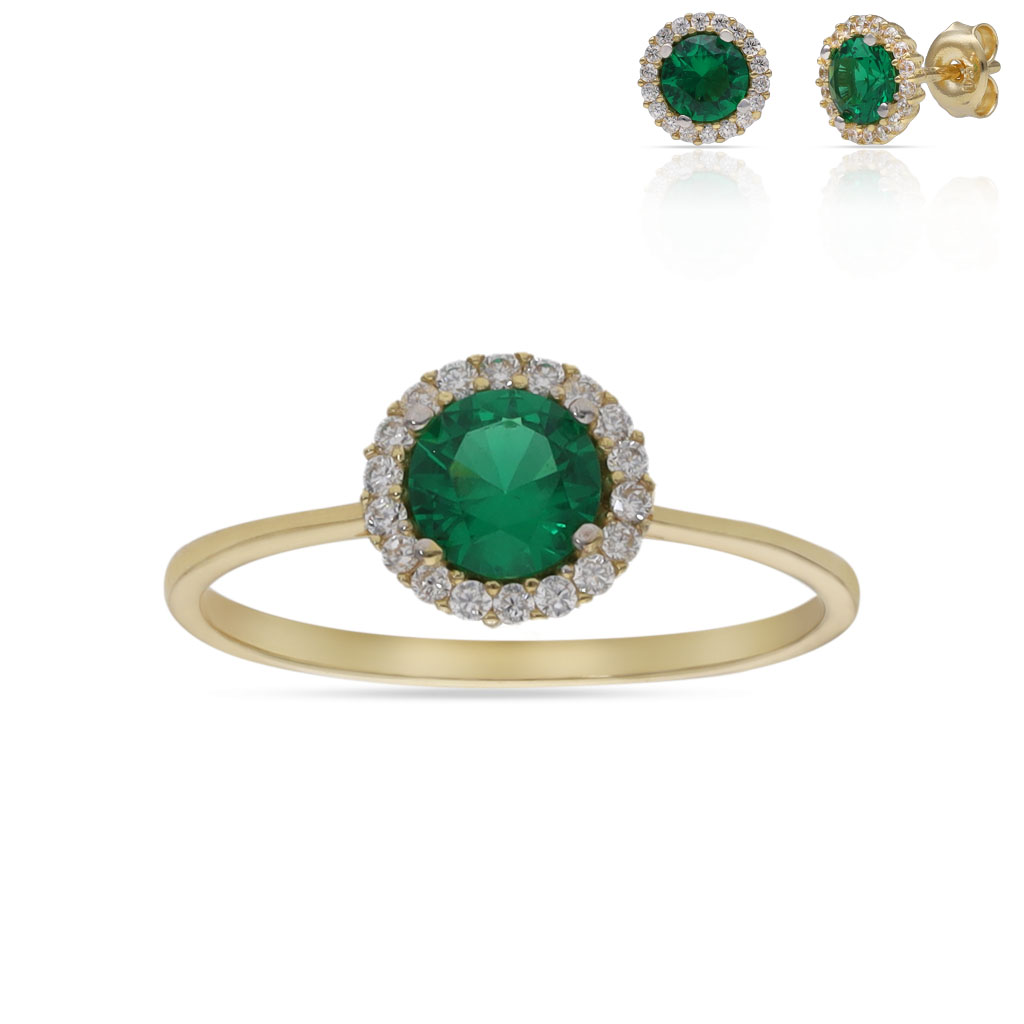 SORTIJA ORO 18KL CERCO CIRCONITAS + PIEDRA VERDE - 7MM