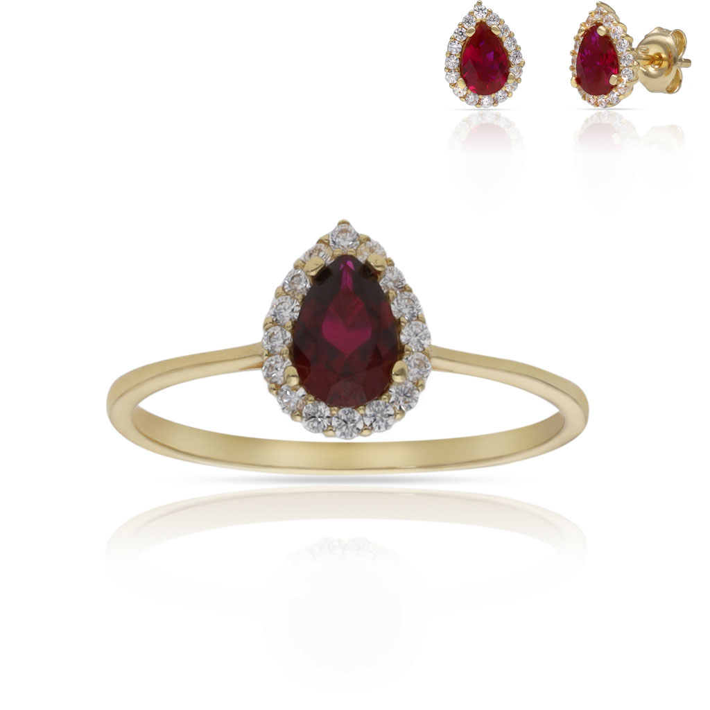 SORTIJA ORO 18KL LAGRIMA PIEDRA ROJA - 6x9MM