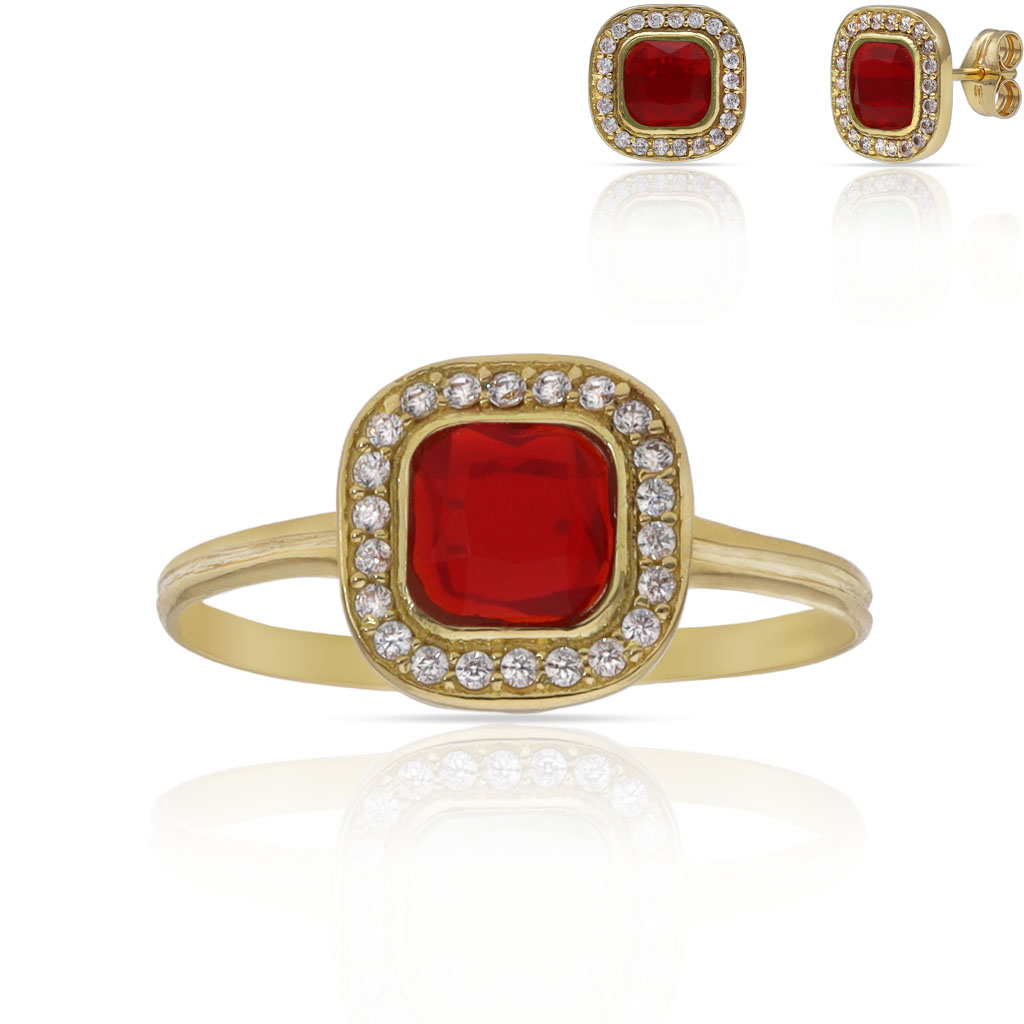 SORTIJA ORO 18KL PIEDRA ROJA + CIRCONITAS - 9x9MM