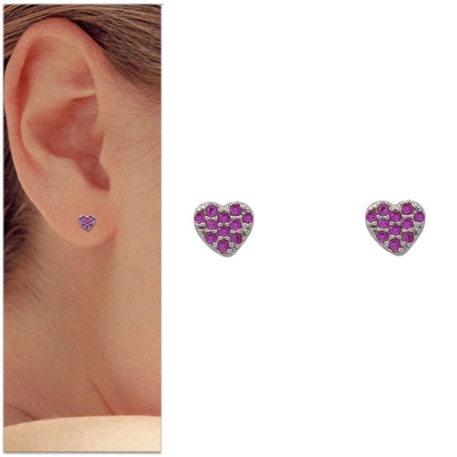 [P1023] PENDIENTES ORO BLANCO 18KL CORAZON ROSA