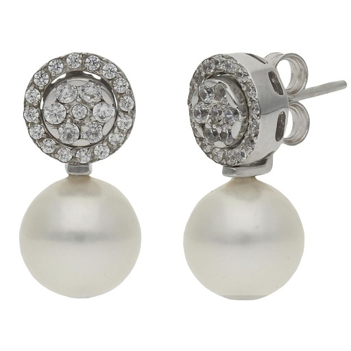 [P1245] PENDIENTES ORO BLANCO 18KL - 3 EN 1 P.CULTIVADAS