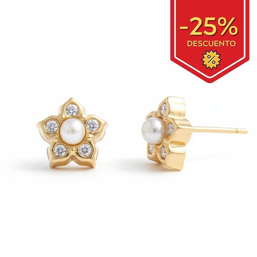 [P287] PENDIENTES ORO18KL FLOR PERLAS