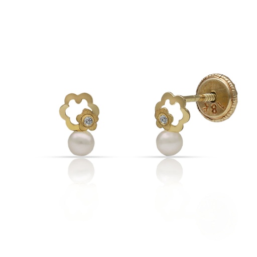 [P789] PENDIENTES ORO 18KL FLOR + PERLAS