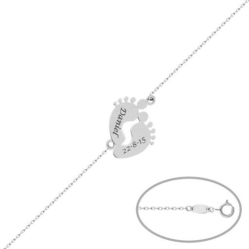 [PU1351] PULSERA ORO BLANCO 18KL PIES BEBE NOMBRE + FECHA