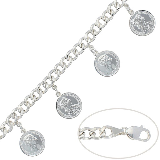 [AG146] PULSERA MONEDAS BARBADA HUECA PLATA 925MM