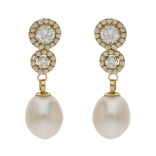 [P1463] PENDIENTES ORO 18KL PERLAS CULTIVADAS + CIRCONITAS - 8x26MM