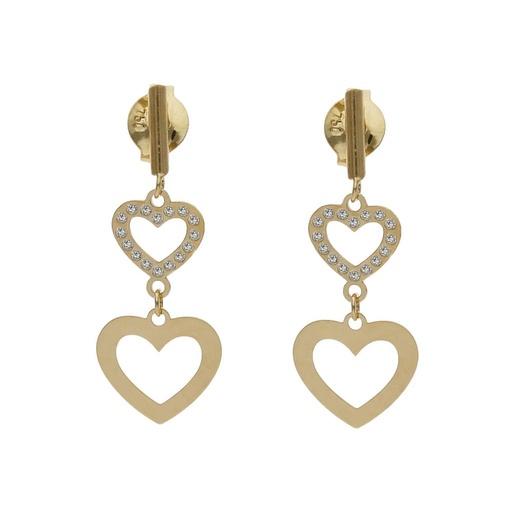 [P1485] PENDIENTES  ORO 18KL CORAZONES CIRCONITAS - 8x22MM