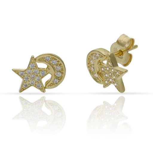 [AG1757] PENDIENTES PLATA CHAPADA ORO ESTRELLA + LUNA CIRCONITAS - 10X7MM