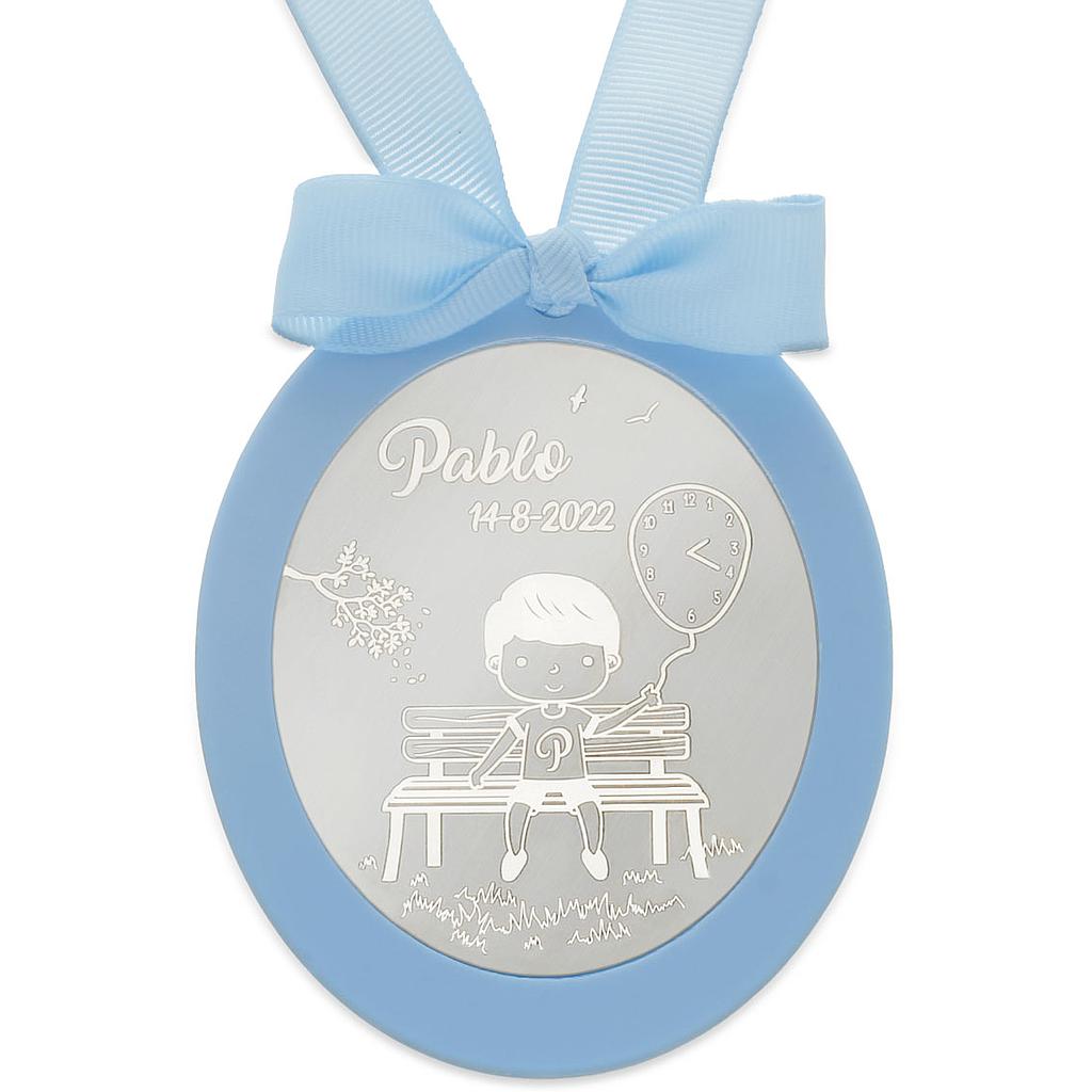 MEDALLA CUNA PLATA 925MM OVALADA NIÑO GLOBO