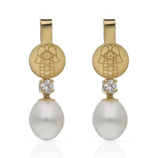 [P1524] PENDIENTES ORO 18KL MANO DE FATIMA + PERLAS
