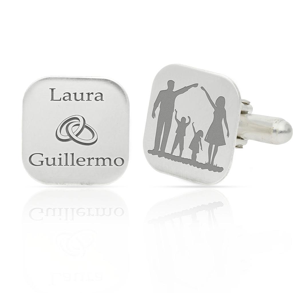 GEMELOS CUADRADOS PLATA 925MM NOMBRES + FAMILIA