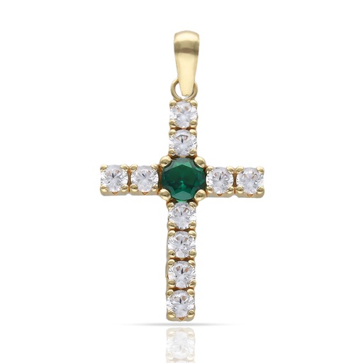 [C508] CRUZ ORO 18KL PIEDRA VERDE + CIRCONITAS - 15x20MM