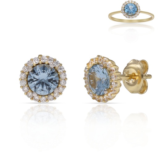 [P3220] PENDIENTES ORO 18KL CERCO CIRCONITAS + PIEDRA AGUA - 7MM