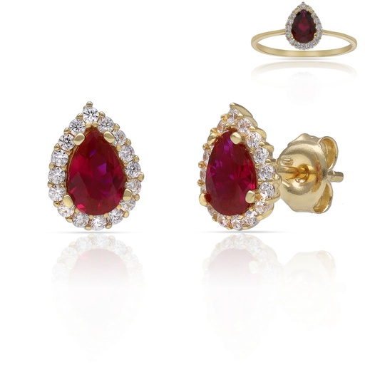 [P3218] PENDIENTES ORO 18KL LAGRIMA PIEDRA ROJA - 6x9MM