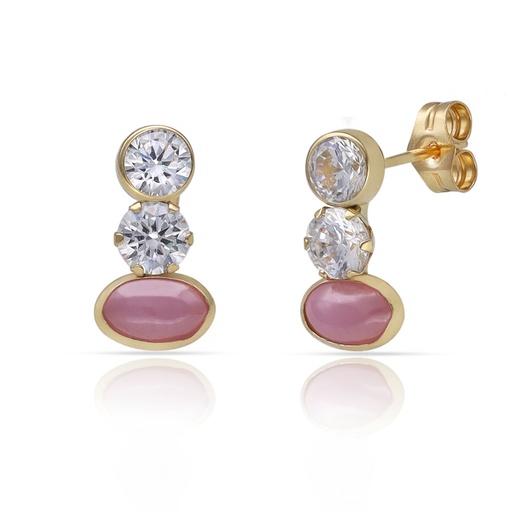 [P1623] PENDIENTES ORO 18KL PIEDRA ROSA MILKY + CIRCONITAS - 6.50x12MM