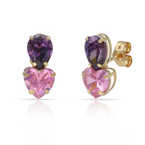 [P1619] PENDIENTES ORO 18KL PIEDRA ROSA + VIOLETA - 6.50x12.50MM
