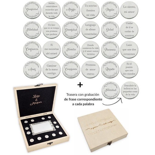 [AG6006EMB] ARRAS PERSONALIZADAS PALABRA + FRASE · PLATA DE LEY + ESTUCHE MADERA + BANDEJA