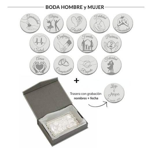 [AG6003EB] ARRAS PERSONALIZADAS BODA HOMBRE + MUJER · PLATA DE LEY + BANDEJA + ESTUCHE
