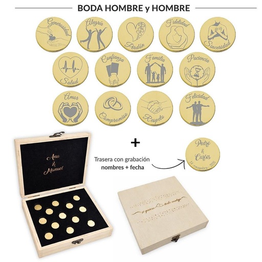 [ST6015EM] ARRAS PERSONALIZADAS BODA HOMBRE + HOMBRE · ACERO DORADO + ESTUCHE MADERA