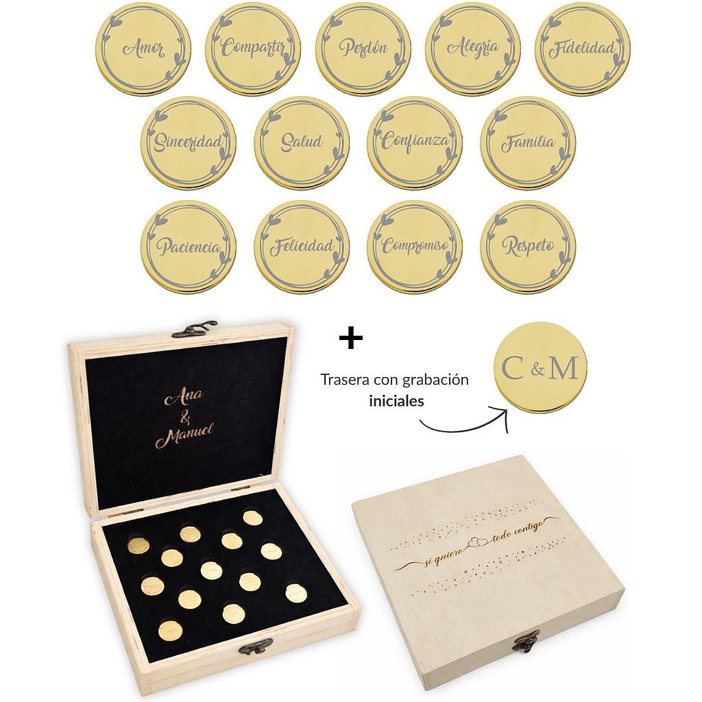 ARRAS PERSONALIZADAS PALABRAS ACERO DORADO + ESTUCHE MADERA