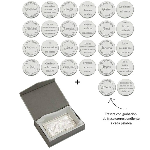 [ST6026EB] ARRAS PERSONALIZADAS PALABRA + FRASE · ACERO PLATEADO + BANDEJA + ESTUCHE