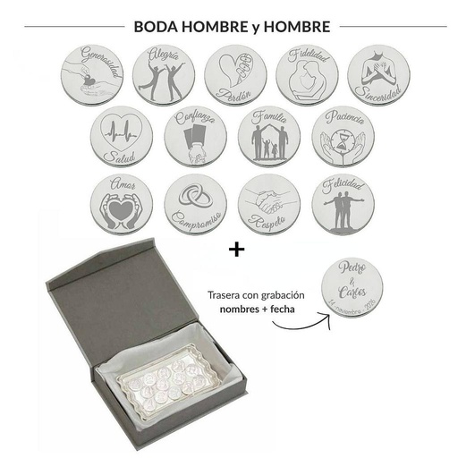 [ST6025EB] ARRAS PERSONALIZADAS BODA HOMBRE + HOMBRE · ACERO PLATEADO + BANDEJA + ESTUCHE