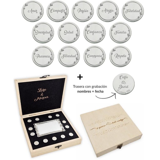 [ST6020EMB] ARRAS PERSONALIZADAS PALABRAS · ACERO PLATEADO + ESTUCHE MADERA + BANDEJA